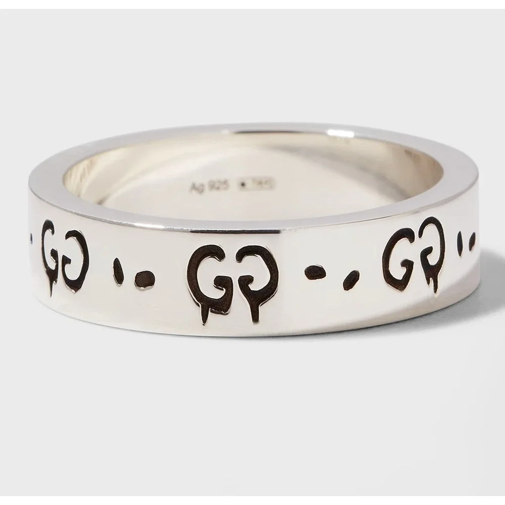 Gucci Ghost Ring Sterling Silver 6mm GG Skull Graffiti Band 477339 Size 16 IT